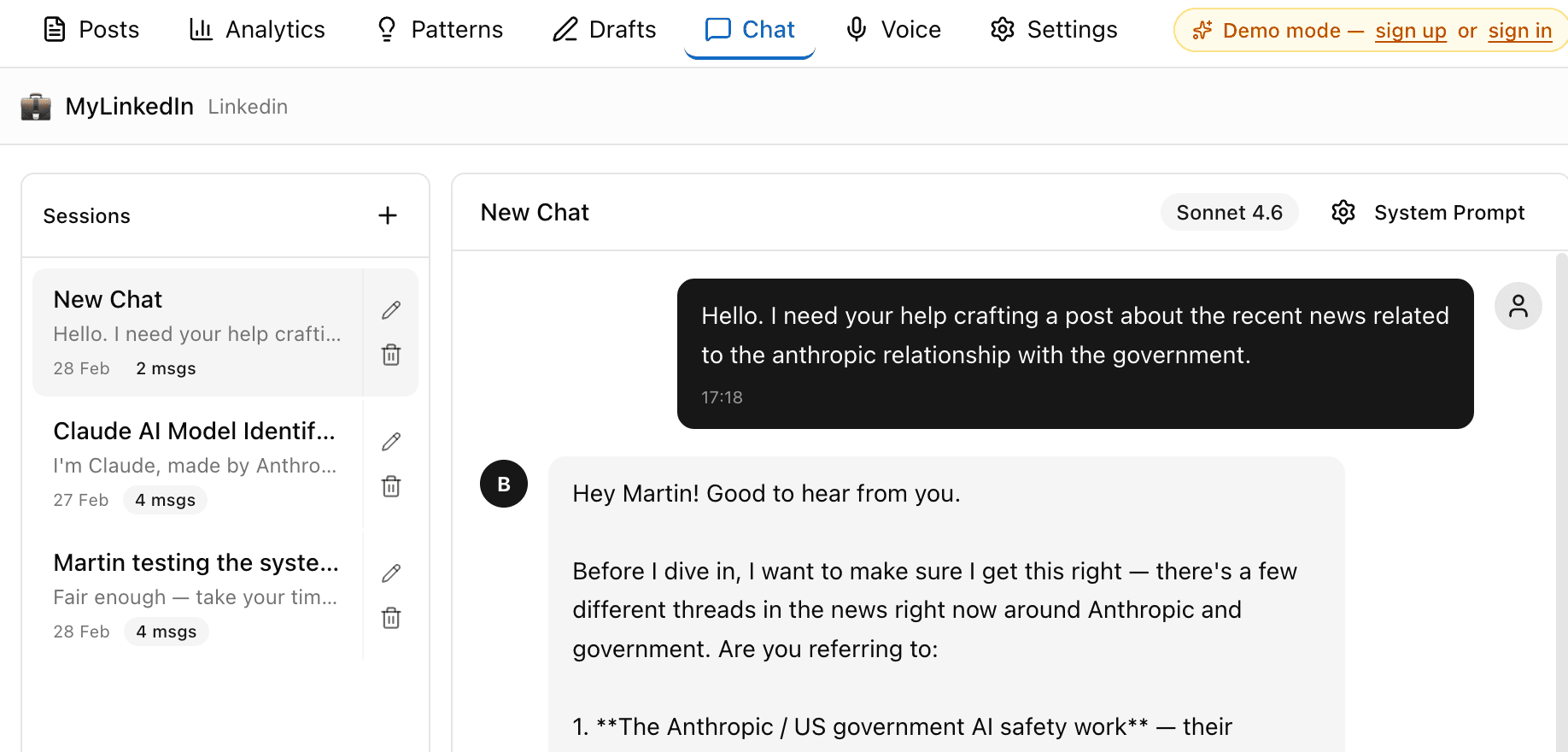 Brandsmith Studio AI chat — generating LinkedIn post drafts using your voice profile