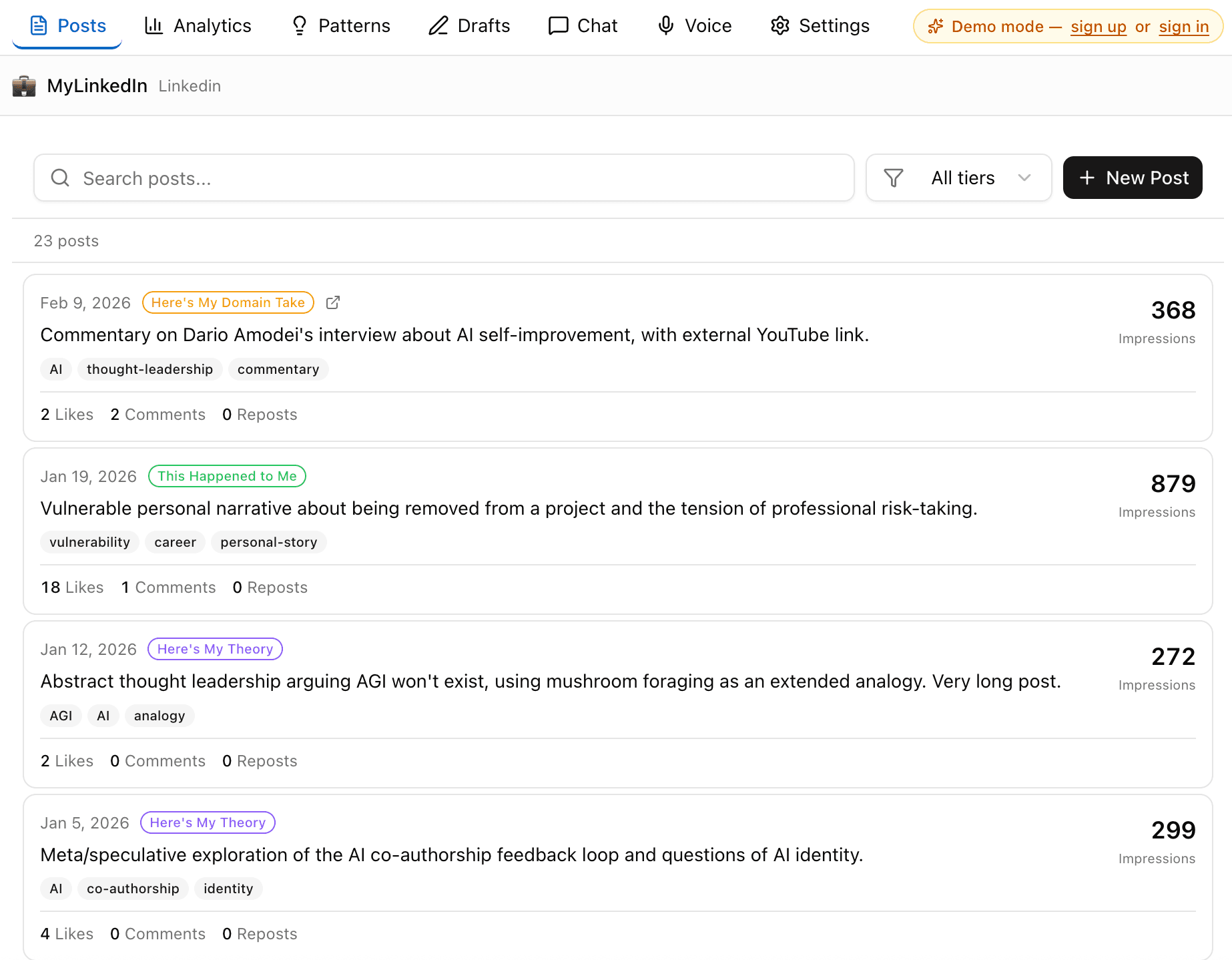 Brandsmith Studio posts list — track published content with analytics and tags