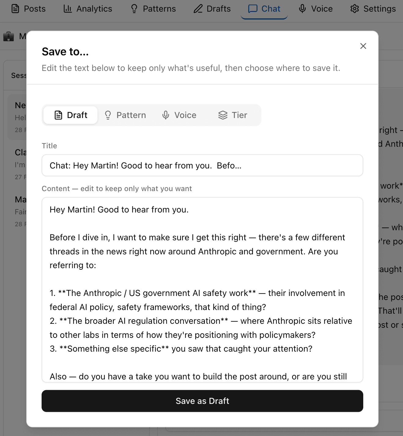 Brandsmith Studio Save dialog — save AI output as a draft, pattern, voice note or content tier
